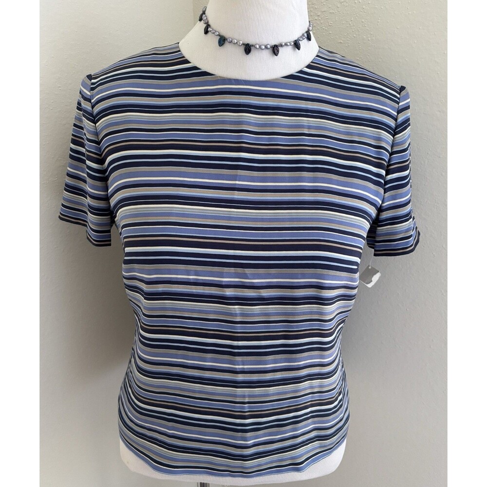 Talbots 100 % Pure Silk Short Sleeve Bottoms In The Back Blue Striped Size 10
